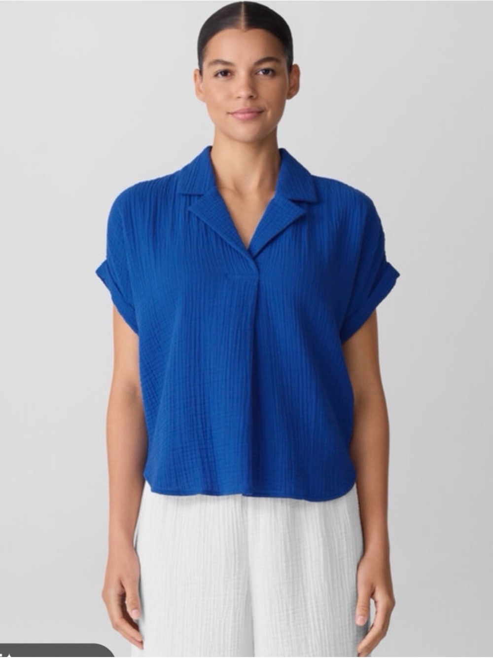 Eileen Fisher Cobalt Blue Short-Sleeve Button-Down Shirt Size Large